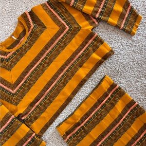 Free People Mustard Geometric Knit Sweater & Skirt Set M Rayon Blend Long Sleeve